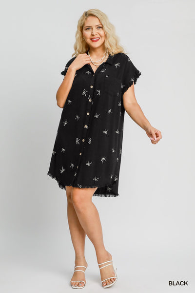 Linen Blend Bow Shirt Dress in Black