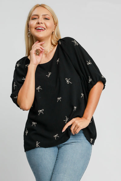 Bow Print Linen Top in Black