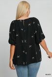 Bow Print Linen Top in Black