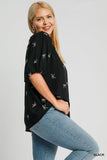 Bow Print Linen Top in Black