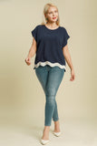 Scalloped Hem Linen Cotton Top in Navy