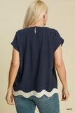 Scalloped Hem Linen Cotton Top in Navy