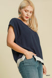 Scalloped Hem Linen Cotton Top in Navy