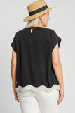 Scalloped Hem Linen Cotton Top in Black