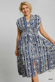 Smocked Waist Navy Print Midi Dress