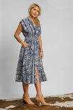 Smocked Waist Navy Print Midi Dress