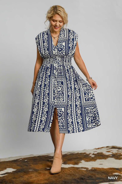 Smocked Waist Navy Print Midi Dress