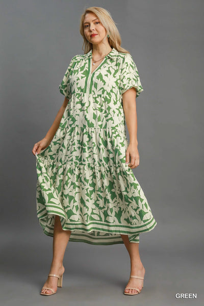 Botanical Print Midi Dress in Green