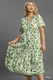 Botanical Print Midi Dress in Green