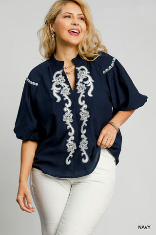 White Embroidered Top in Navy