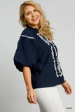 White Embroidered Top in Navy