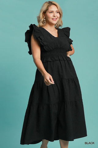 Textured Tiered Midi Dress in Black