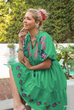 Green Textured Embroidered Baby Doll Dress