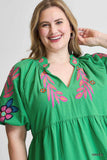 Green Textured Embroidered Baby Doll Dress