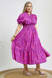 Smocked Ruffle Neckline Cotton Print Dress in Magenta