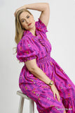 Smocked Ruffle Neckline Cotton Print Dress in Magenta