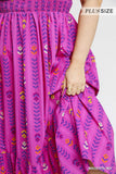 Smocked Ruffle Neckline Cotton Print Dress in Magenta