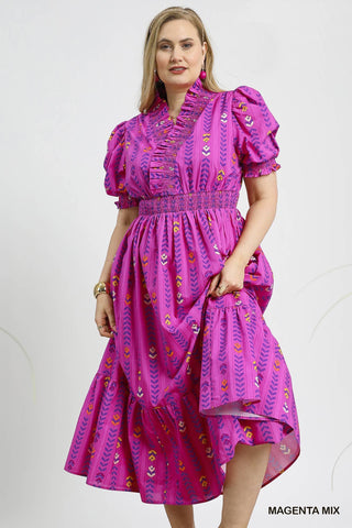Smocked Ruffle Neckline Cotton Print Dress in Magenta