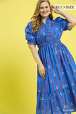Smocked Ruffle Neckline Cotton Print Dress in Blue