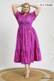 Smocked Ruffle Neckline Cotton Print Dress in Magenta
