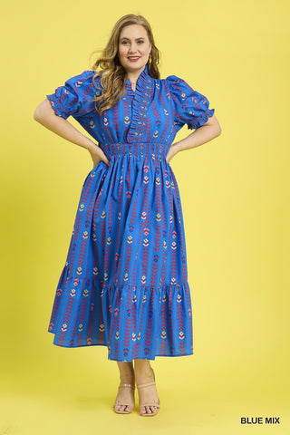 Smocked Ruffle Neckline Cotton Print Dress in Blue