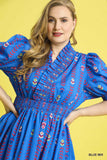 Smocked Ruffle Neckline Cotton Print Dress in Blue