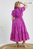 Smocked Ruffle Neckline Cotton Print Dress in Magenta