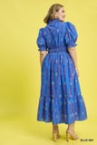 Smocked Ruffle Neckline Cotton Print Dress in Blue