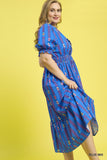 Smocked Ruffle Neckline Cotton Print Dress in Blue