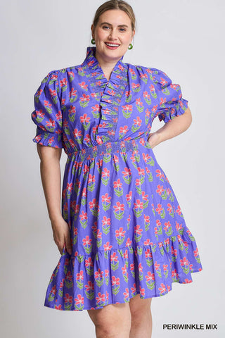 Ruffle Collar Cotton Floral Dress in Periwinkle