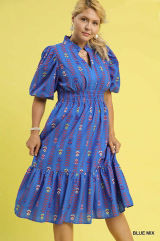 Cotton Print Midi Dress in Blue