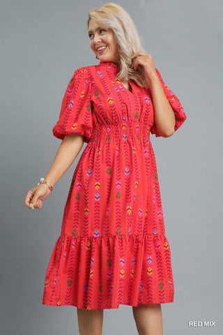 Cotton Print Midi Dress in Red