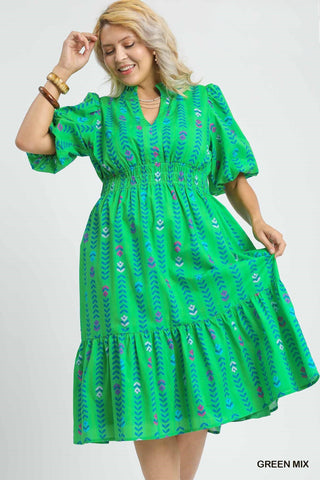 Cotton Print Midi Dress in Green