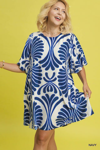 Abstract Print Swing Dress in Blue