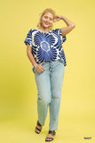 Abstract Blue Print Drawstring Top