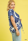 Abstract Blue Print Drawstring Top