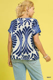 Abstract Blue Print Drawstring Top
