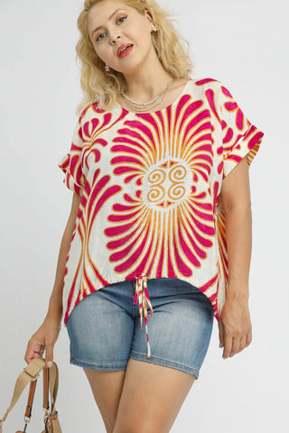 Abstract Print Drawstring Top in Magenta