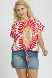 Abstract Print Drawstring Top in Magenta