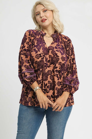 Purple Floral Velvet Burnout Top