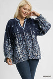 Floral Vine Print LS Top in Navy
