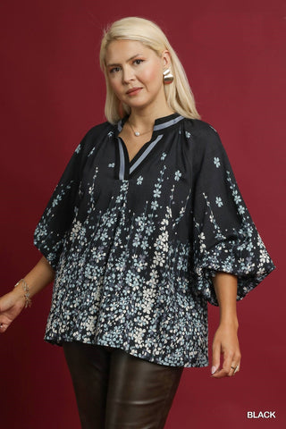 Floral Vine Print LS Top in Black