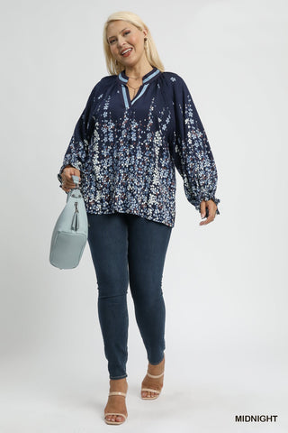 Floral Vine Print LS Top in Navy