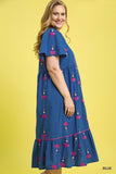 Cotton Multi Floral Embroidered Blue Dress