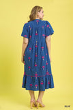Cotton Multi Floral Embroidered Blue Dress
