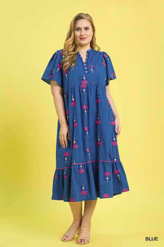 Cotton Multi Floral Embroidered Blue Dress