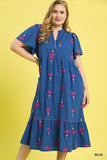 Cotton Multi Floral Embroidered Blue Dress