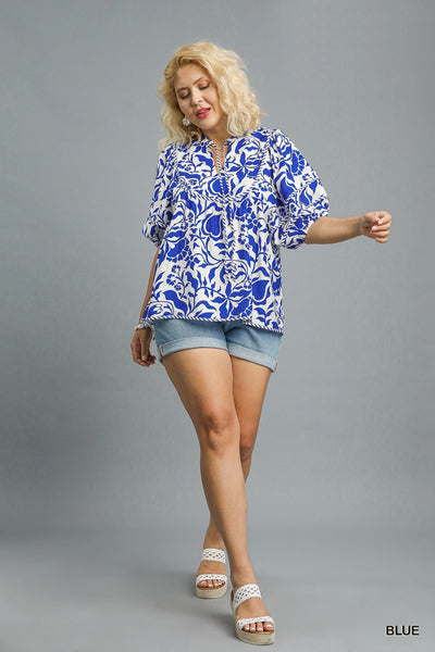 Blue Floral Contrast Piping Top