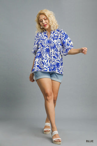 Blue Floral Contrast Piping Top