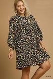 Black Floral LS Corduroy Dress